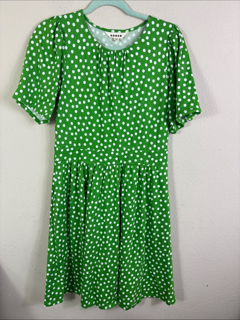 Boden Louisa Short Jersey Dress Green White Polka Dot size 4 R - Picture 4 of 9